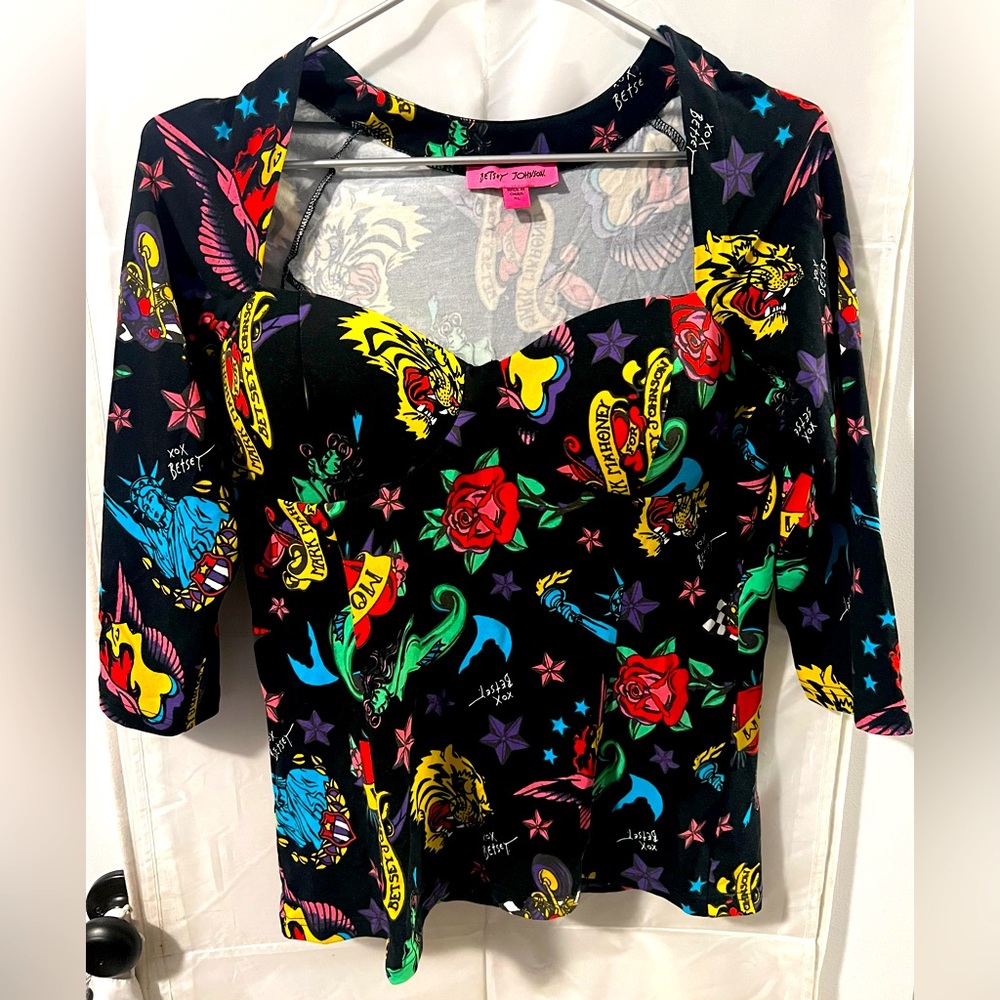 NWOT Betsey Johnson 80’s Bash Corset Raglan Tattoo Top Sz XL